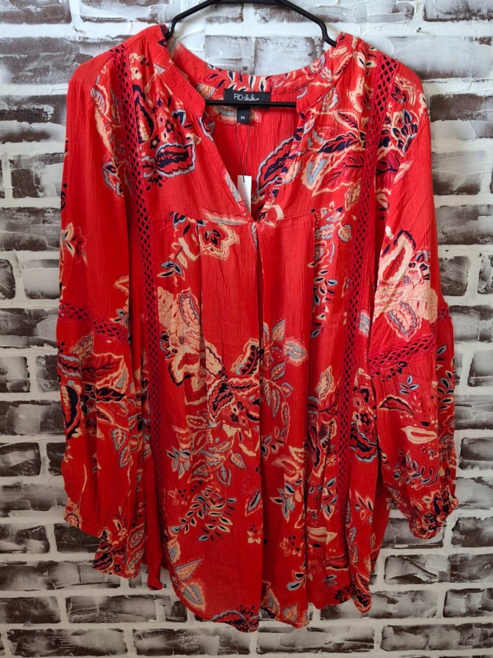 New RD + Koko 2X Peasant Blouse Red Floral Flowy Boho